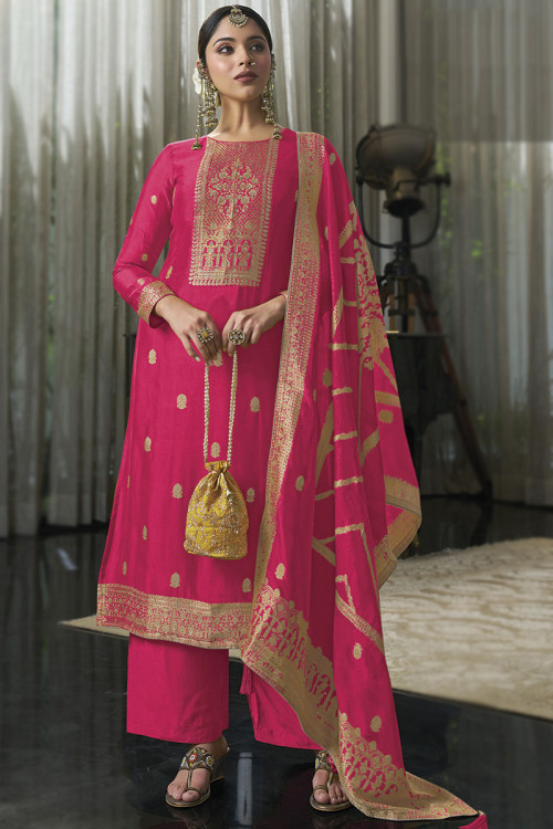 Hot Pink Woven Zari Viscose Silk Straight Cut Palazzo Suit 