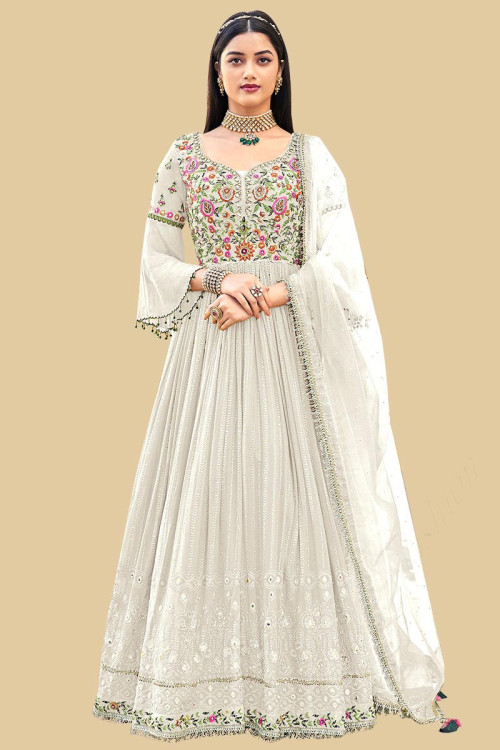 Embroidered Georgette Off White Anarkali Suit