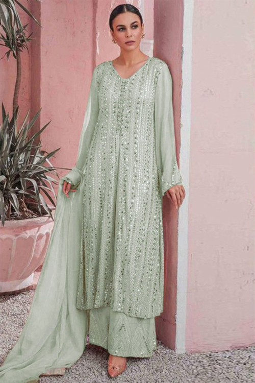 Sequins Embroidered Georgette Mint Wedding Trouser Suit