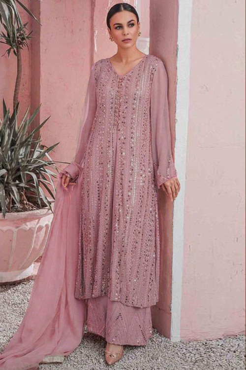 Thread Embroidered Georgette Dusty Pink Palazzo Suit for Eid