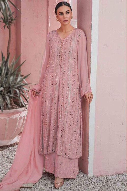 Georgette Taffy Pink Sequins Embroidered Trouser Suit for Wedding & Party