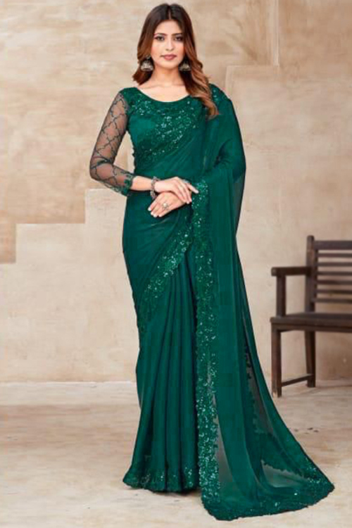 Saree in Georgette Teal Blue with Patch Embroidery for Party 