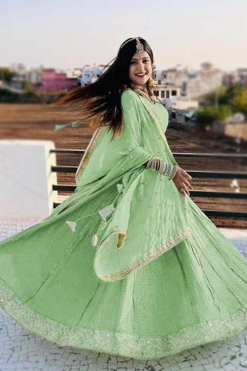Mint Green Georgette Sequins Embroidered Lehenga