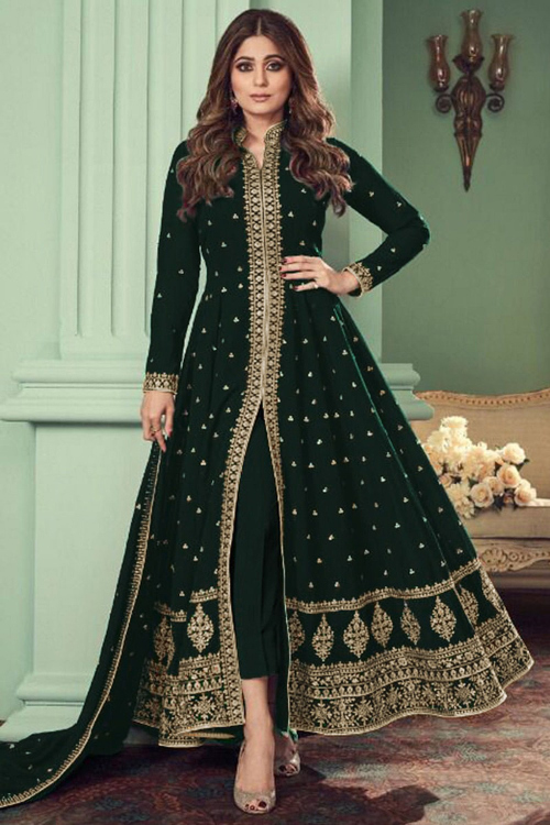 Embroidered Georgette Bottle Green Anarkali Suit for Wedding & Party