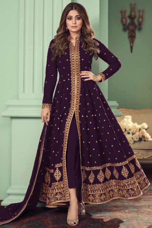 Purple Georgette Front Slit Anarkali Suit with Zari embroidery for Eid