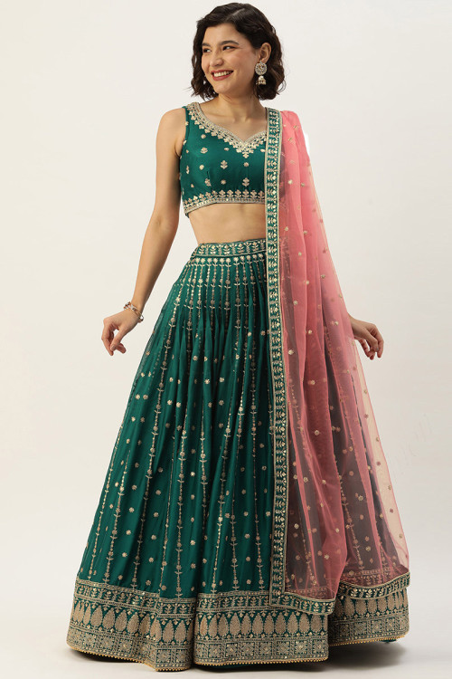 Peacock Green Georgette Embroidered Lehenga for Eid