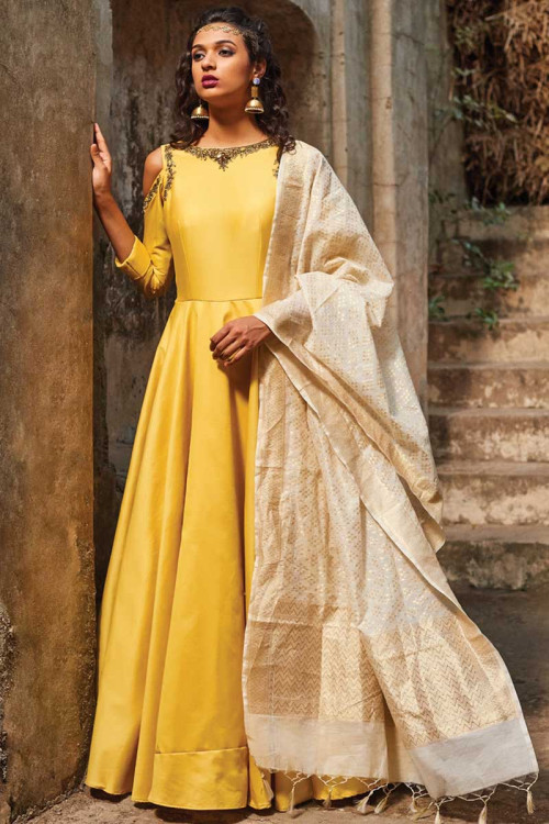 Yellow Art Silk Anarkali Churidar Suit With Dupatta