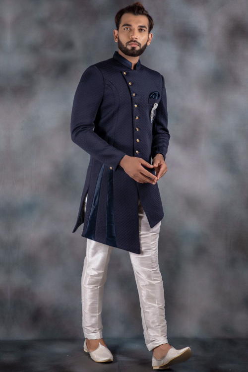 Readymade Imported Texture Sherwani In Blue Color