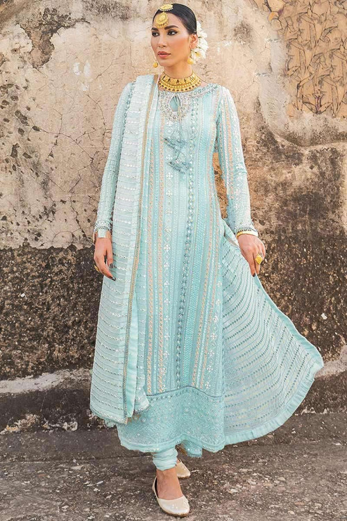 Sky Blue Georgette Embroidered Churidar Suit for Eid