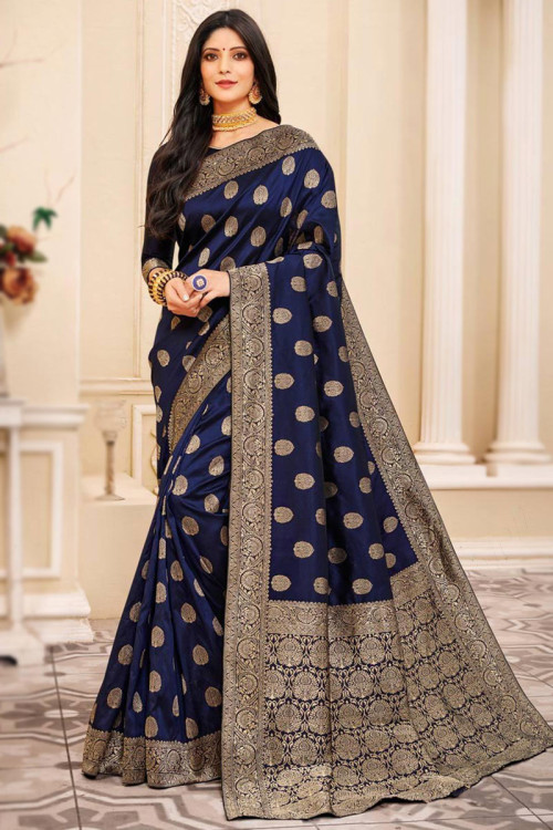 Navy Blue Banarasi Silk Saree With Silk Blouse