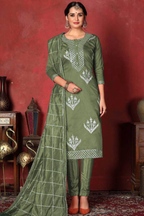 Cotton Embroidered Straight Pant Suit in Sage Green Color