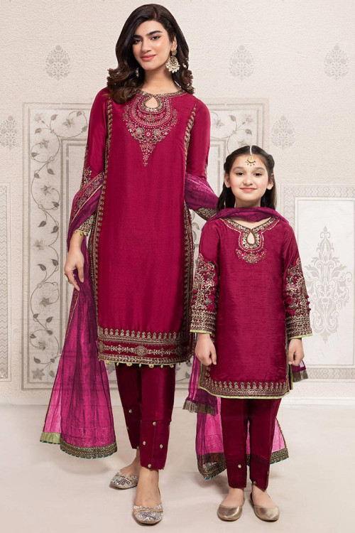 Embroidered Silk Dark Pink Mother Daughter Duo Trouser Suit