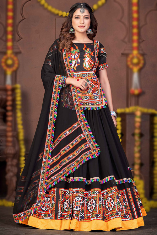 Indian Cotton Rayon Black Mirror Embroidered Lehenga 