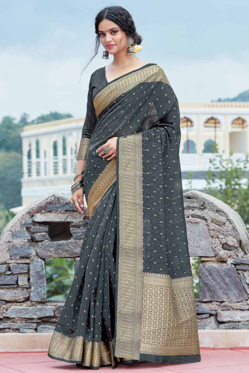 Indian Cotton Silk Woven Zari Dark Grey Saree
