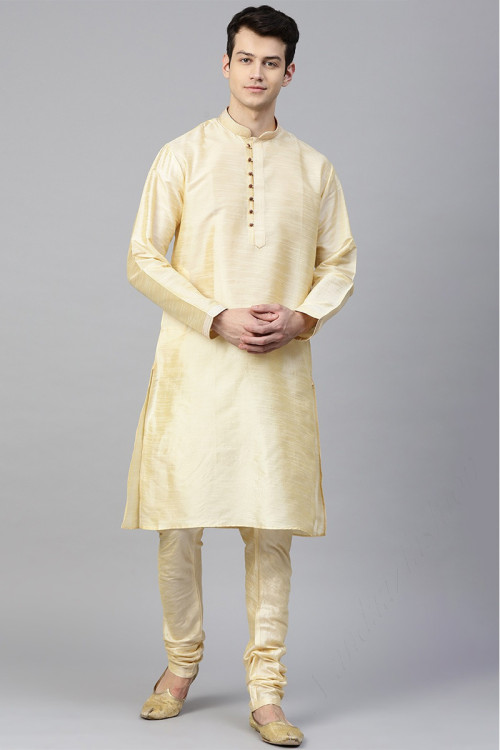 Indian Dupion Silk Cream Men Kurta Pajama for Eid