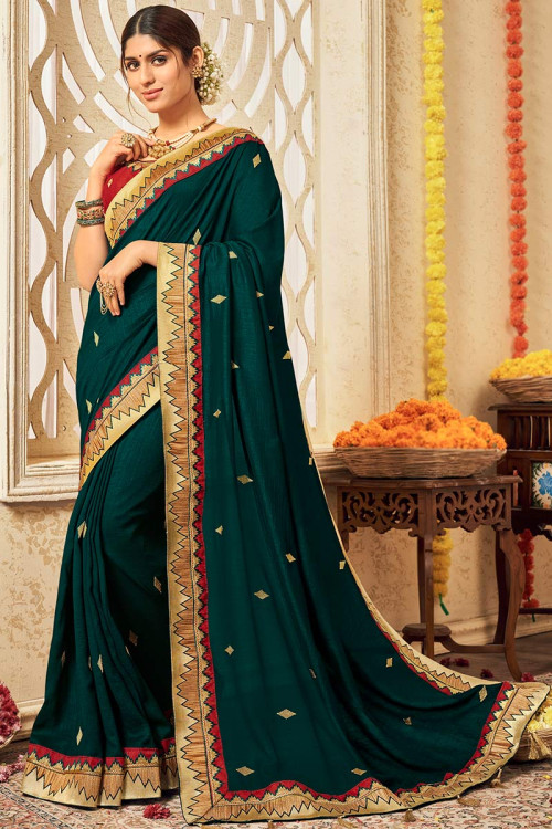 Peacock Green And Navy Blue Minimalist Embroidered Saree