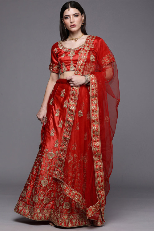 Indian Traditional Red Satin Embroidered Lehenga 
