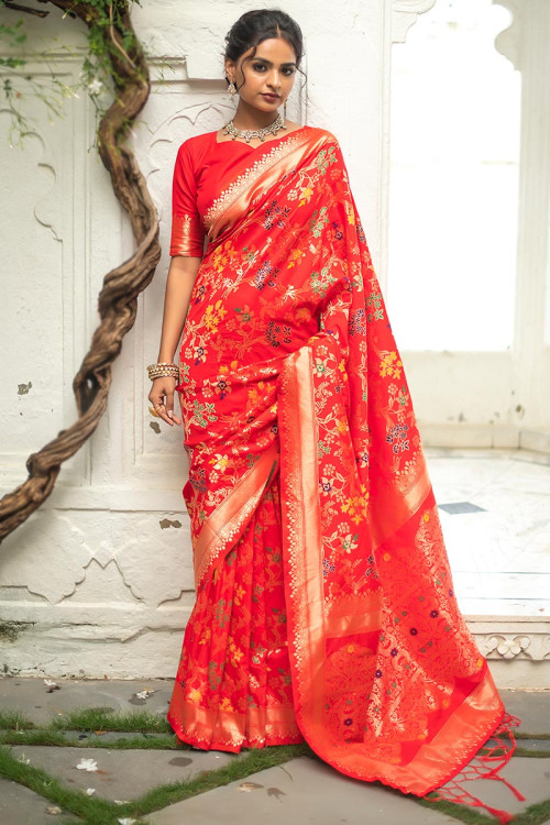 Indian Traditional Silk Woven Zari Saree In Red