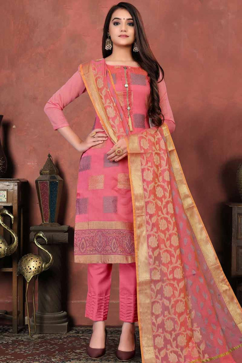 Indian Wear Woven Art Silk Cerise Pink Trouser Suit