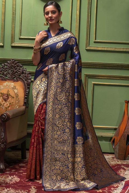 Indigo Blue And Red Art Silk Wedding Wear Saree