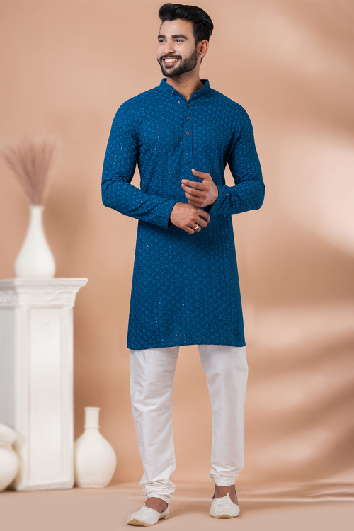 Indigo Blue Chikankari Embroidered Rayon Men's Kurta Pajama 