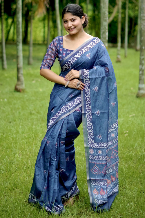 Indigo Blue Cotton Printed Light Weight Saree 