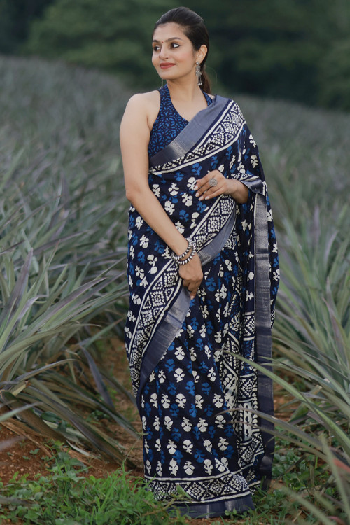 Indigo Blue Cotton Silk Casual Wear Batik Print Saree 