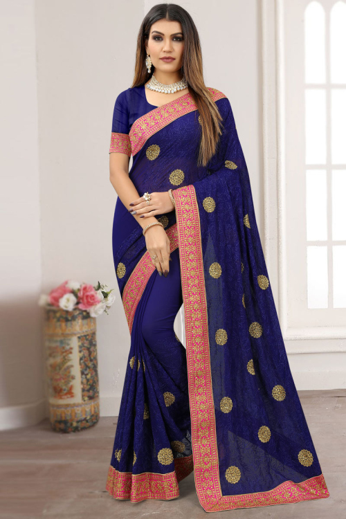 Georgette Indigo Blue Party Wear Saree with Resham embroidery