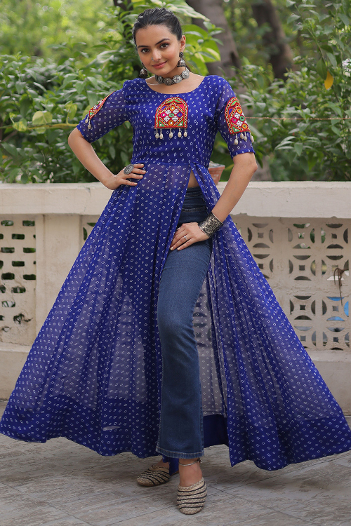 Indigo Blue Georgette Side Slit Bandhej Printed Kurti