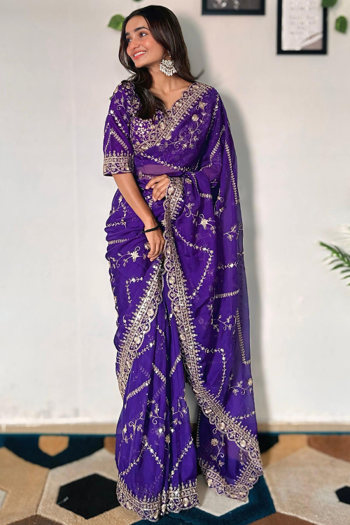 Indigo Blue Organza Embroidered Saree For Wedding