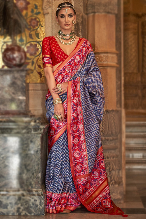 Indigo Blue Printed Patola Silk Saree