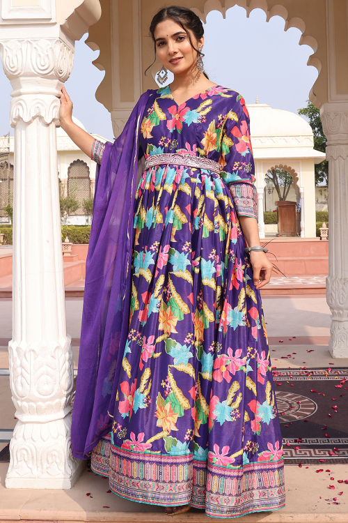 Indigo Blue Silk Printed Anarkali Suit