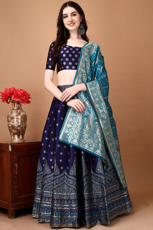 Indigo Blue Silk Woven Zari Panelled Style Lehenga