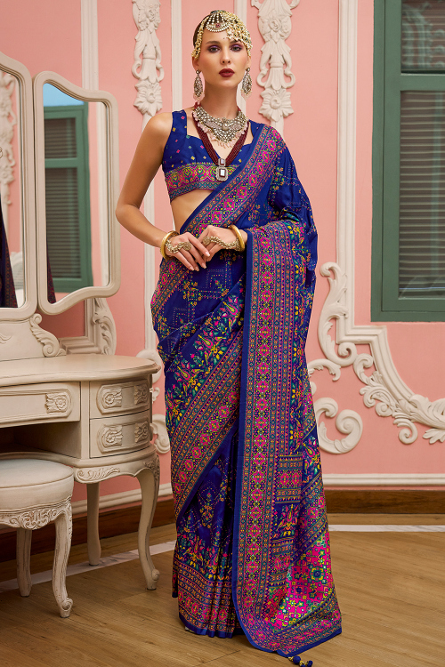 Indigo Blue Soft Silk Weaved Broad Border Saree