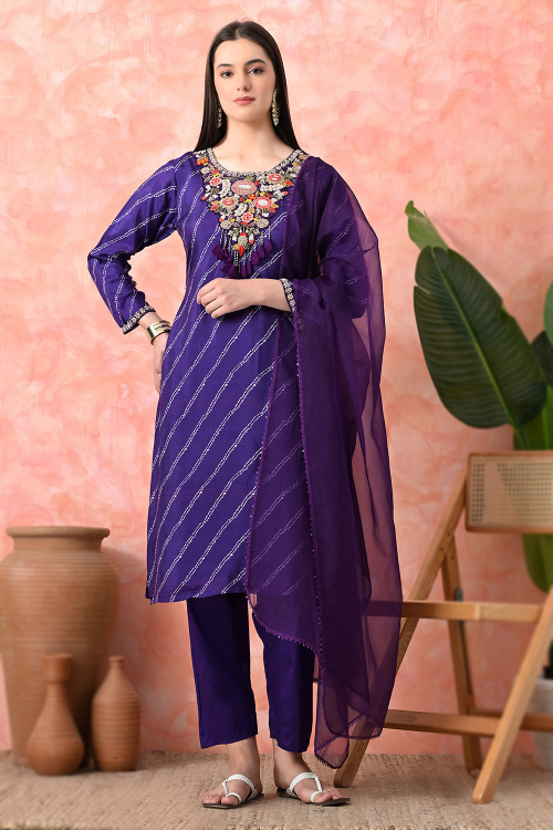 Indigo Blue Viscose Trouser Suit With Printed Work For Festival