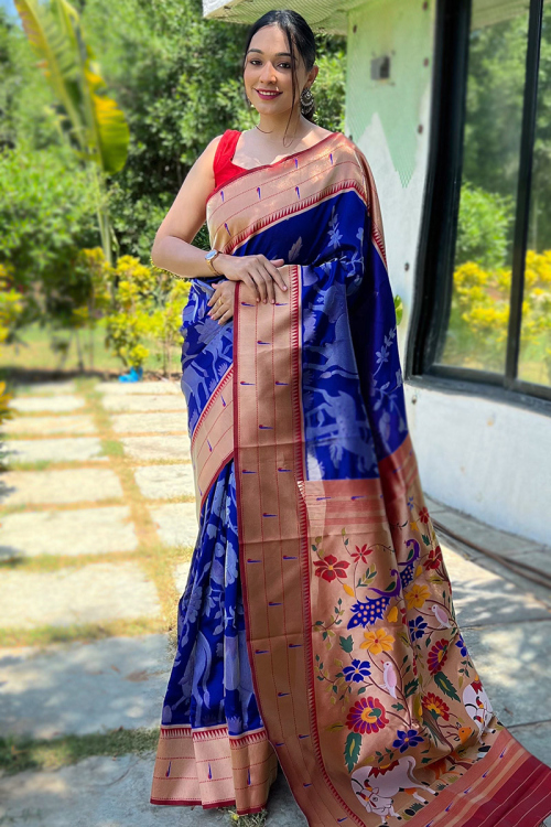 Indigo Blue Weaved Zari Paithani Silk Wedding Wear Saree 
