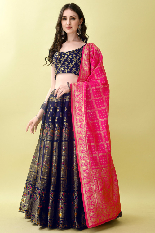 Indigo Blue Woven Zari Art Silk Panelled Style Lehenga