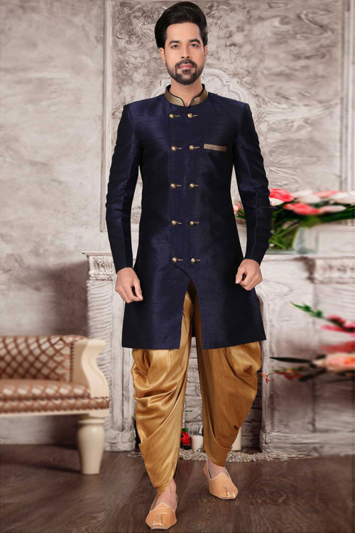 Off White and Golden Imported Silk Indo Western Outfit | Reception dress  for men, Wedding kurta for men, Groom dress men