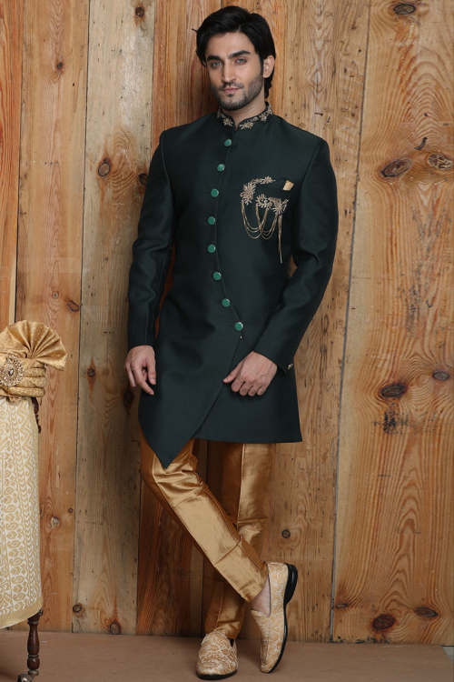 Indo Western Sherwani In Dark Green Colour