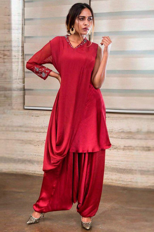 Indo-Western Style Satin Ruby Red Patiala Suit