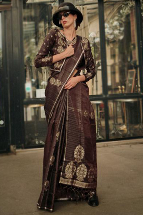 Jacket Style Dark Brown Weaved Zari Satin Saree 