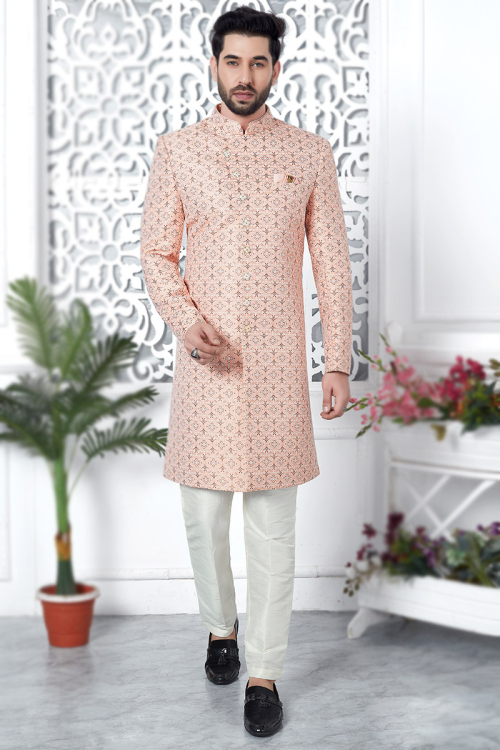Jacquard Blush Pink Woven Zari Men's Sherwani