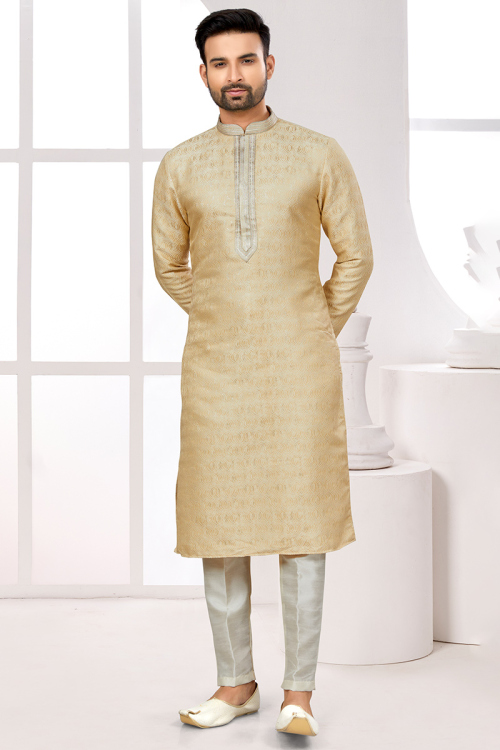 Jacquard Cream beige Printed Men's Kurta Pajama