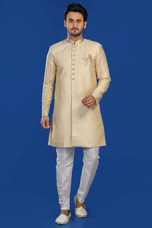 Jacquard Cream Beige Weaved Thread Achkan Style Men's Sherwani