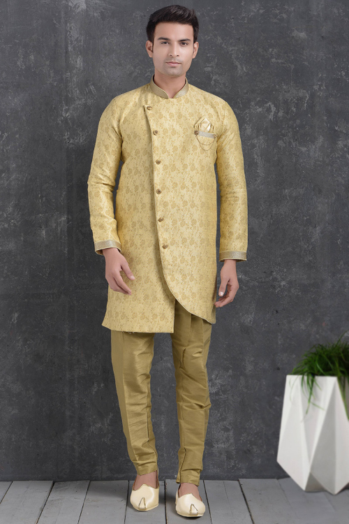 Jacquard Cream Beige Weaved Thread Work Asymmetrical Sherwani