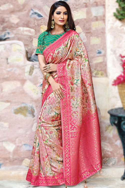 Jacquard Creamy Pink Zari Weaved Broad Border Saree