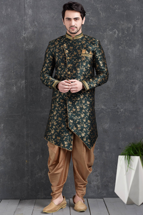 Jacquard Dark Green Woven Zari Asymmetrical Men's Sherwani