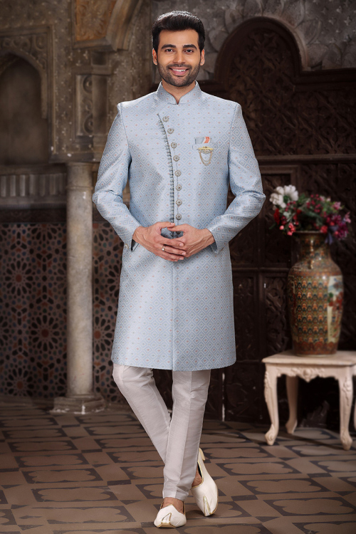 Jacquard Dusty Blue Weaved Thread Traditional Men's Sherwani