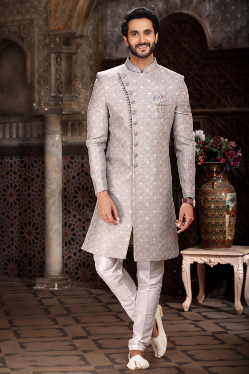 Jacquard Grey Beige Woven Zari Indo-Western Men's Sherwani