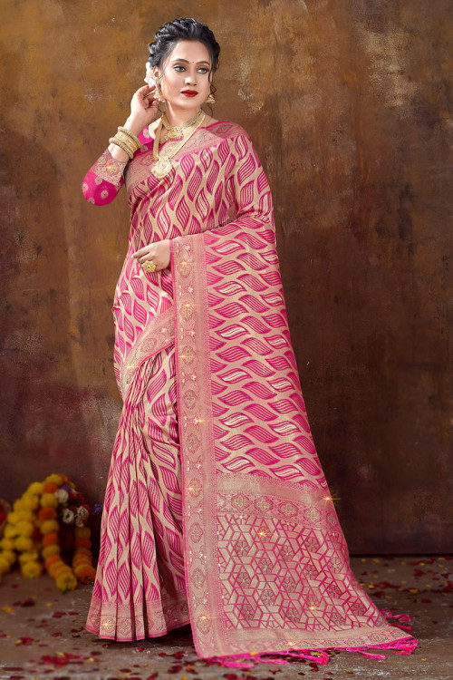 Jacquard Hot Pink Orange Zari Weaved Broad Border Saree